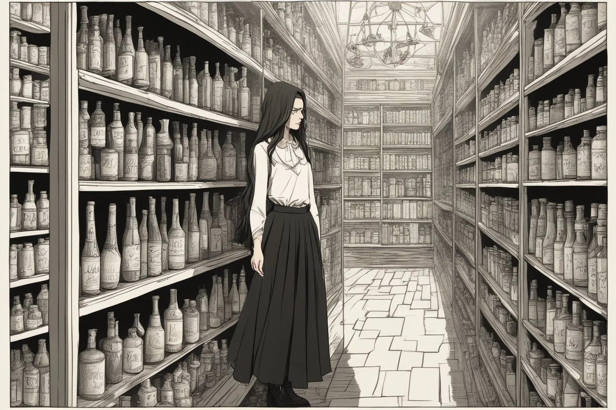 full-height shot of a young witch in a tight black short skirt, inside a large magic shop, shelving, bottles, windows