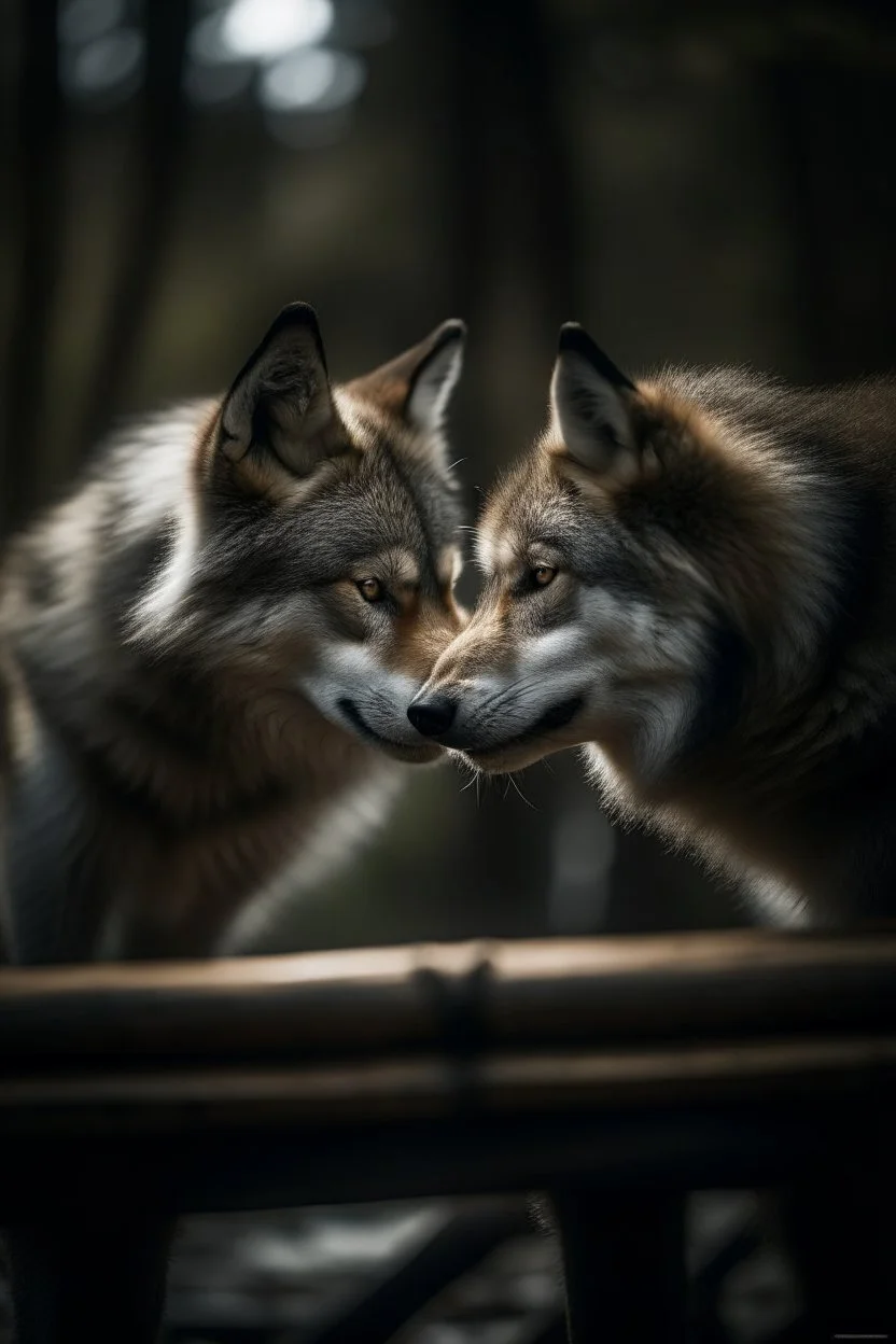 portrait photo of wolves wearing clothes and kissing over a bridge, shot on Hasselblad h6d-400c, zeiss prime lens, bokeh like f/0.8, tilt-shift lens 8k, high detail, smooth render, down-light, unreal engine, prize winning