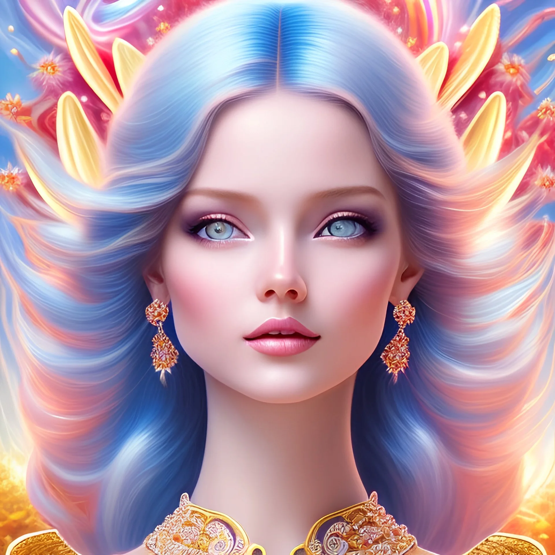 Flower angel, beautyful smiling young woman, long hair amazing blue eyes, happy cosmic, bright colors, blue, pink, gold, jewels, realistic, photo real, clear background, highly detailed, high contrast, 8k high definition, unreal engine 5, extremely sharp detail, light effect, sunny light background