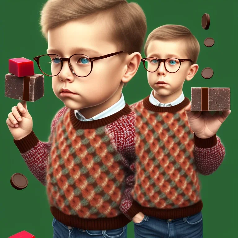 peter billingsley chubby with glasses, holding a single ((Dark red))soap bar, ((brown))argyle sweater, no chocolate