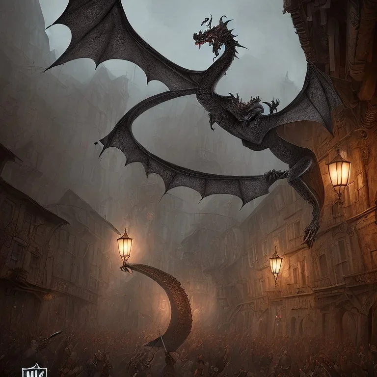 Dragon in a medieval city, dark themed, Photorealism, cinematic