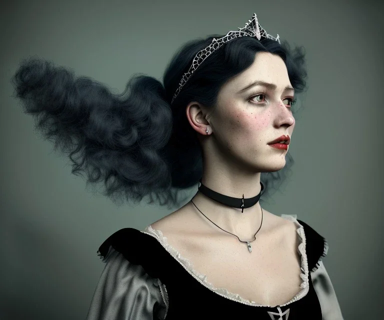 1800s, witch, victorian, portrait, choker, black curly hair, victorian dress, beautiful, silver tiara