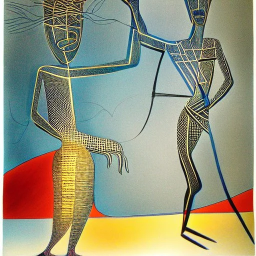 drawn in single line by Nicolai Blatter with hatch with parallel wavy lines metal engraving with african man dance procession in salvador dali style or picasso style