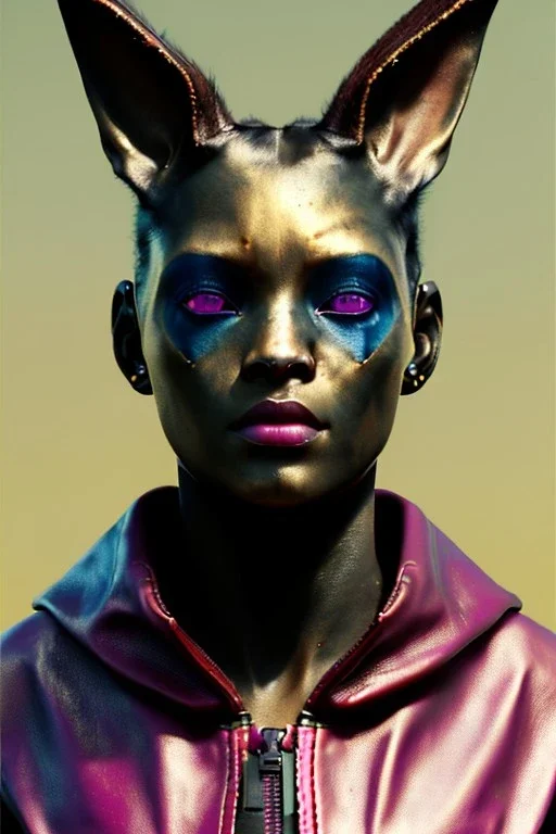 Medium Close Up Portrait, Front image. cyberpunk, rabbit mask, Afro woman, pink hair. Leather tracksuit. Red, black, gold, color. Punk style. Color background, photo studio. Avatar image, highly detailed, concept art, smooth, unreal engine 5, god rays, ray tracing, RTX, lumen lighting, ultra detail, volumetric lighting, 3d, finely drawn, high definition, high resolution.