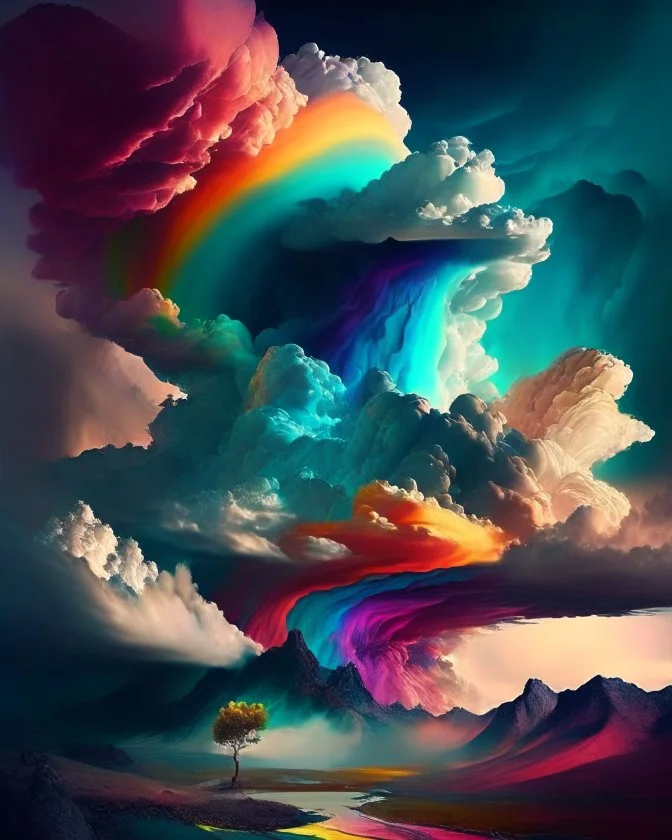 Phantasy landscape with dramatic cloud in multicolor