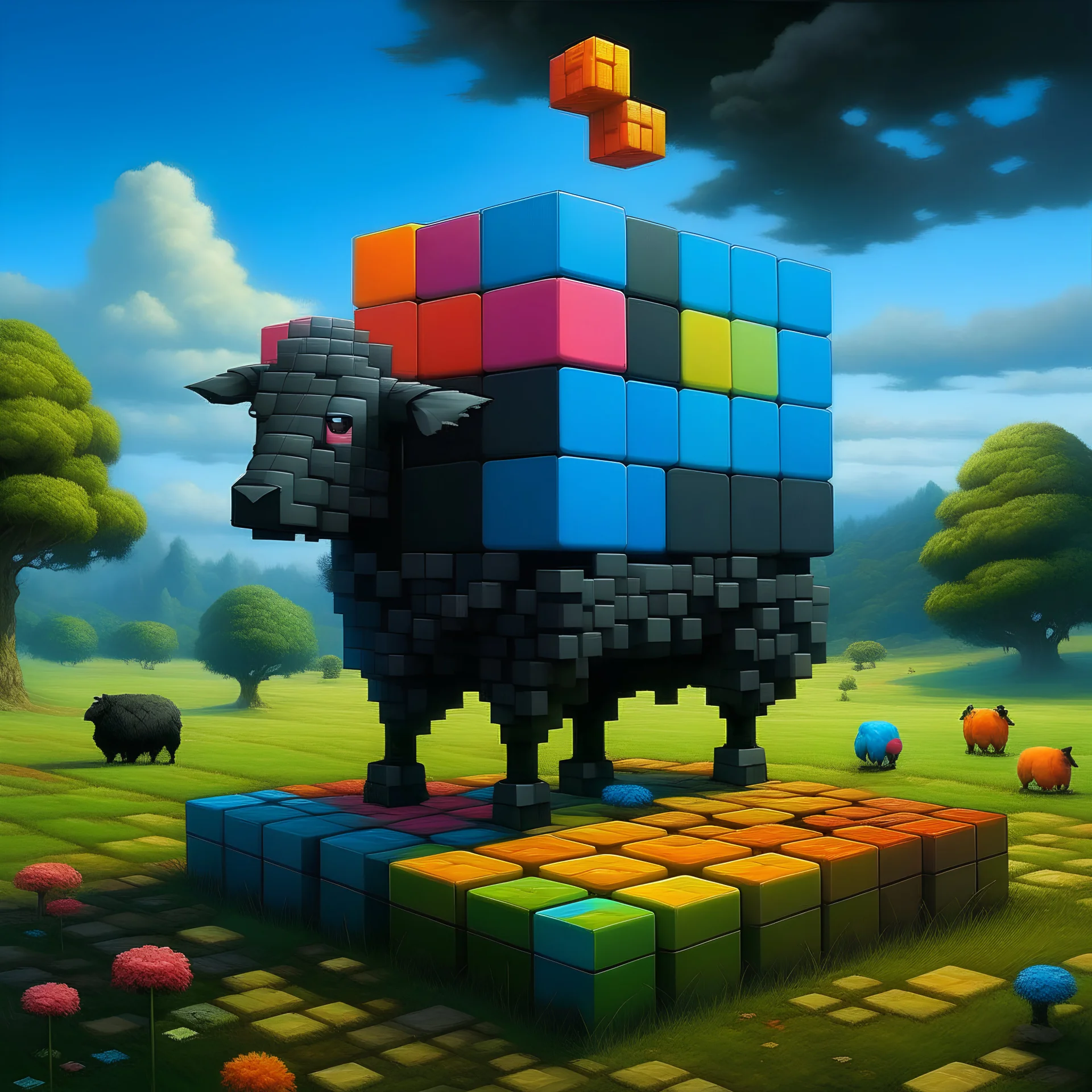 Pixel hatch trashcor oil painting: The Pixel Witch, with the Black Sheep , Exploring strange new dimensions , old meets new, classic meets future, pixels meet, art mash up, a blockchain adventure, surreal landscape all the sheep are 3d NFTs glass cubes, , Vitruvian Portals, art, , Portals, art, blockchain, iridescent code, micro chips, wires, electronic, cyborg sheep, —16:9