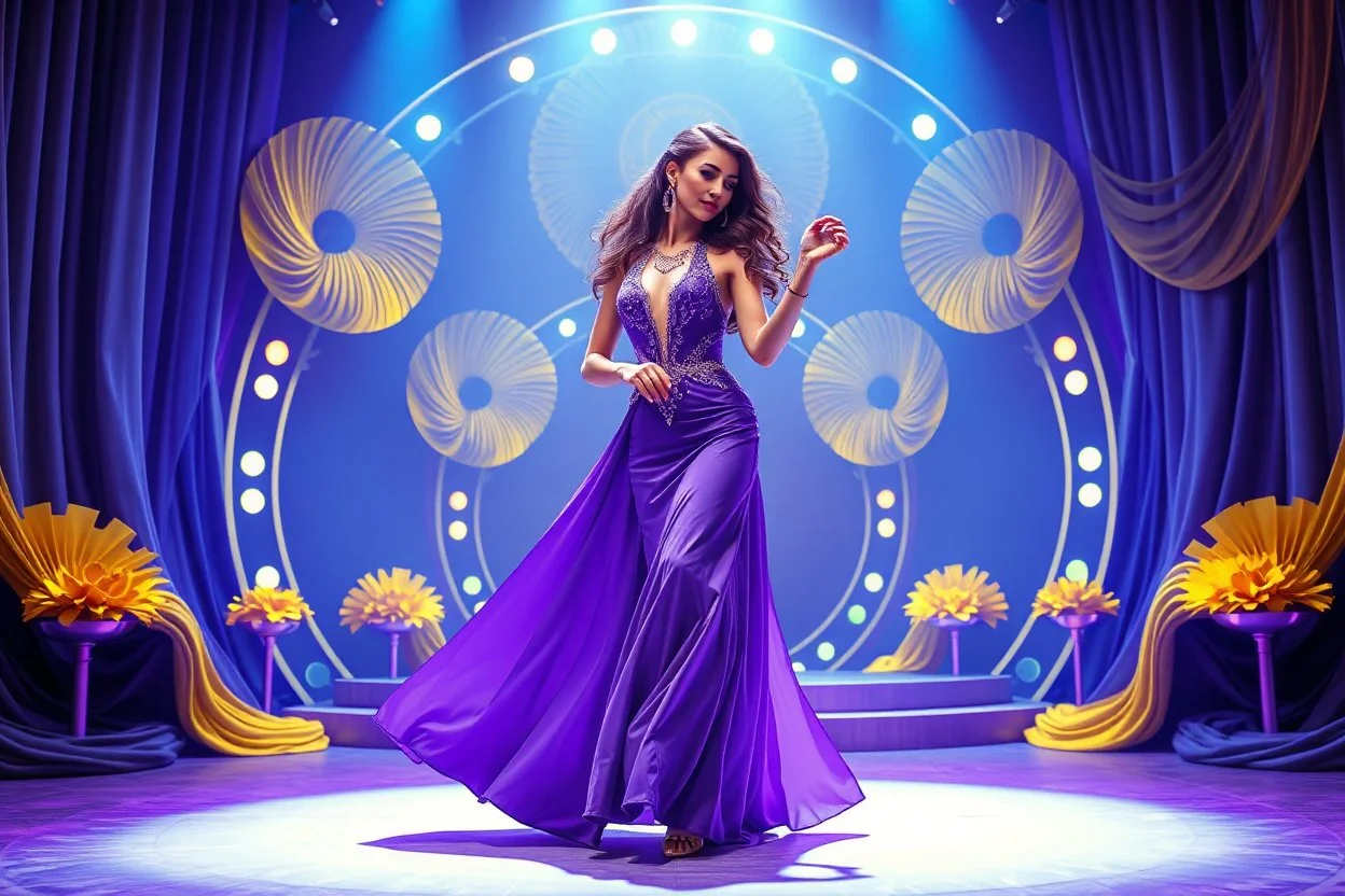 modern stage with gray-dark yellow blueish violet theme artistic decoration , color full dynamic lighting, a beautiful lady in maxi dress with shining silver jewels ,curvy long hair,dancing, 3D recursive fractal structure animating background