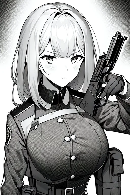 military girl takes out pistol, greyscale