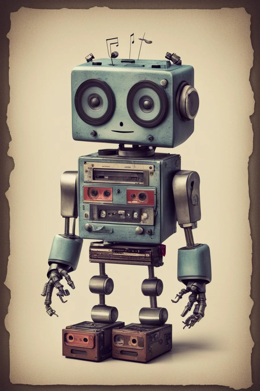 LITTLE OLD ROBOT MIXED WITH A MUSIC CASSET RECORDER VINTAGE, OLDEST, AND A CASSETE ON HANDS