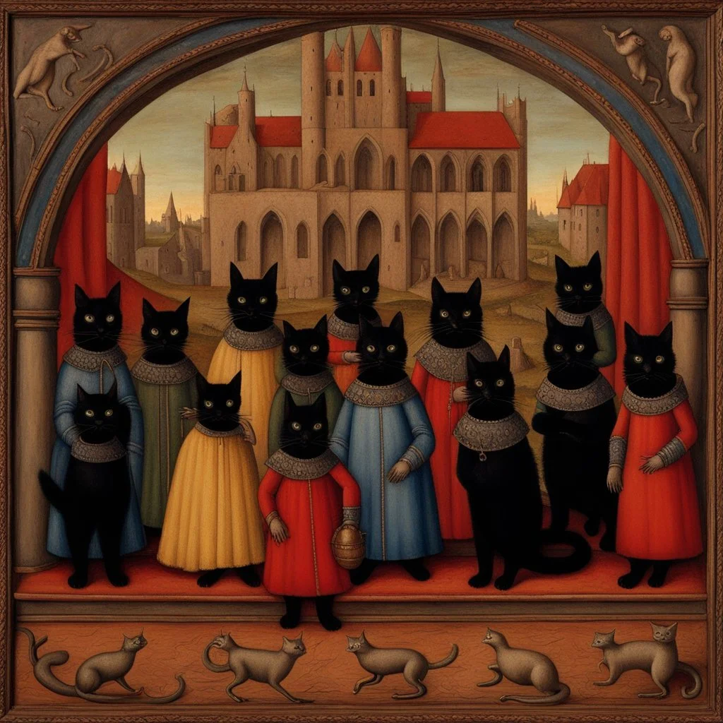 black Cats in colorful costume performing on stage in a medieval opera, Hans Memling style, stylize 750, by yerka, by varo, encaustic