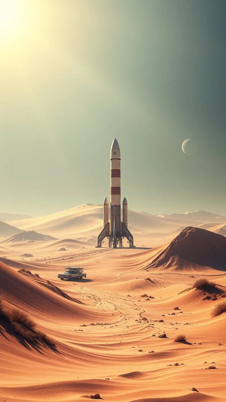 realistic photo of a landscape covered in sands that looks futuristic with futuristic lighting, a rocket base ready to be launched in the space