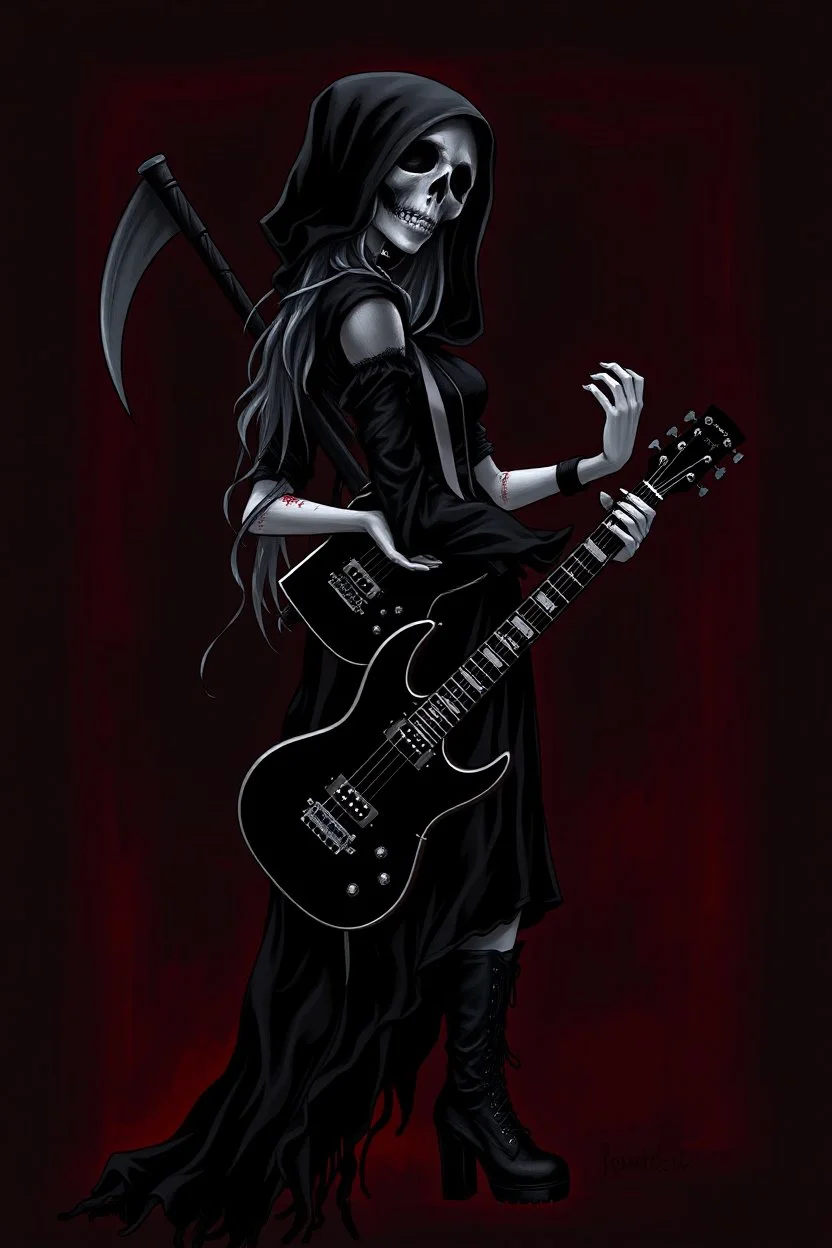 pretty goth girl(dressed as the grim reaper) rockin' on the guitar, leaning back, dark background, red outline, vignette, digital painting