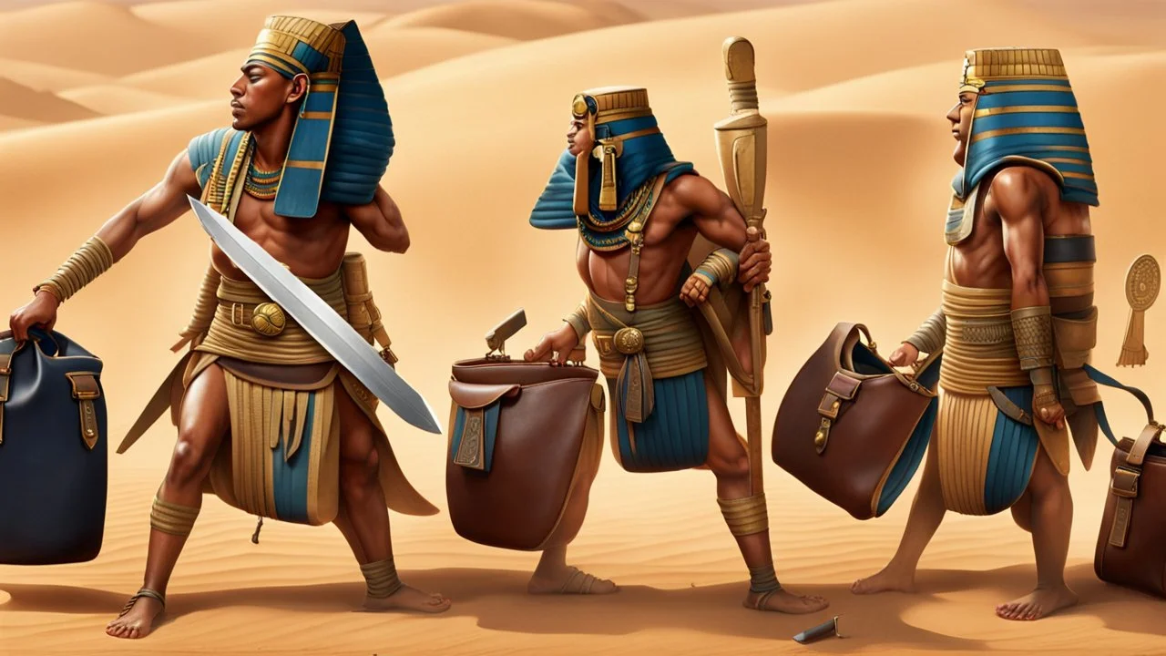 Pharaoh soldiers tear open leather bags with knives and take them out