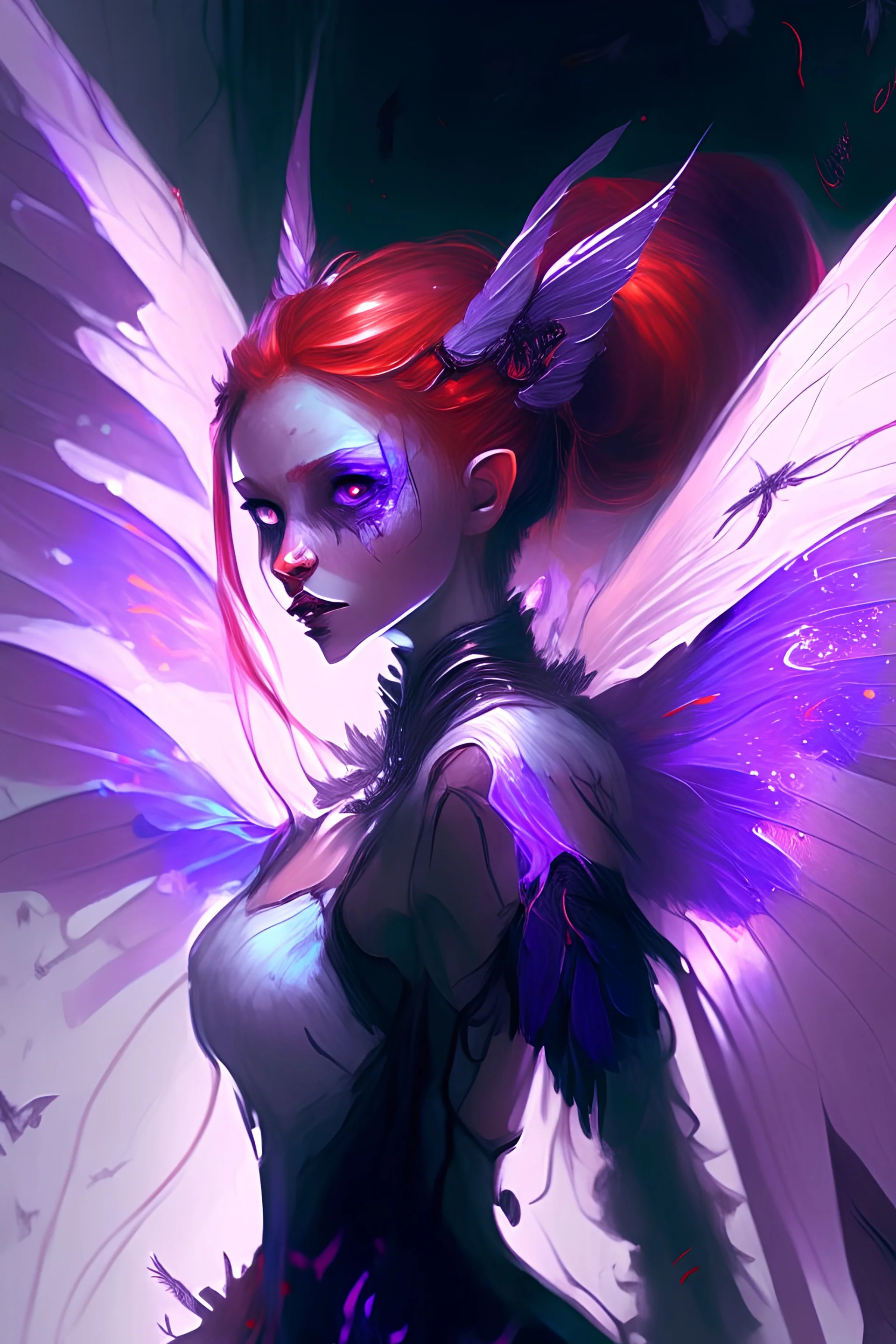 Masterpiece, best quality, Extremely detailed, Beautiful shadows, cyberpunk style, Unity, Wallpaper, oil painting, a female fairy with red hair , purple eyes , elf ears, red hair styled in a pony tail, translucent colorful fairy wings, wearing a white dress with purple detailing, ornate, high detail, panned out view, Gloomy Illumination, dramatic, Glow effects, (dark fantasy:1.1), [style of John Blanche, style of Ed Binkley, style of Amy Brown],<lora:add_detail:1>, 16k, UHD, HDR,(Masterpiece:1.5