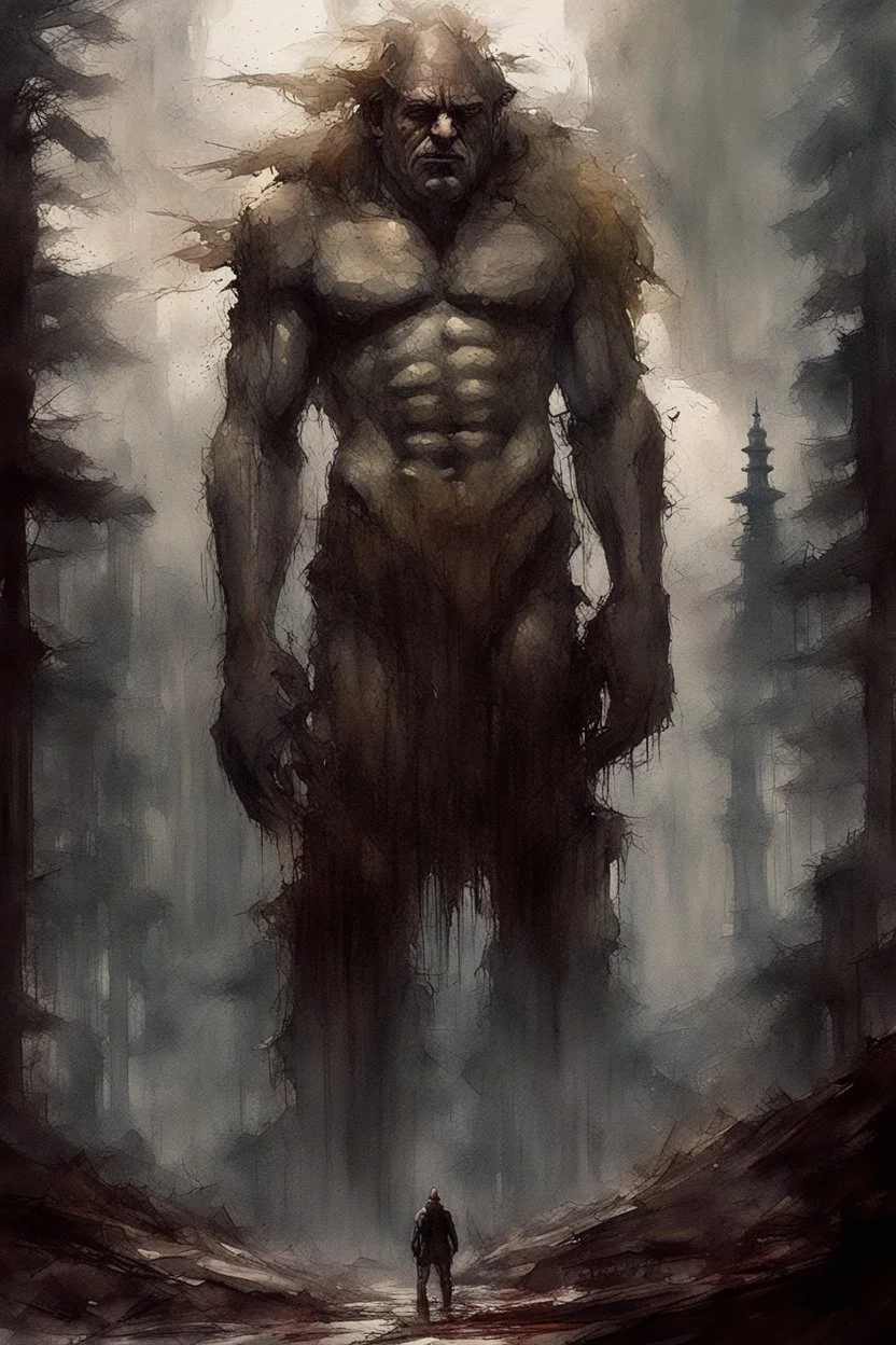 dumb and crazy stone giant above the trees, vivid emotions, watercolor, photorealism, dark fantasy, bad weather, gloomy day, dark world, sketch art, fine lines, grunge, sensual, darkness, by Raymond Swanland & Alyssa Monks & Anna Razumovskaya