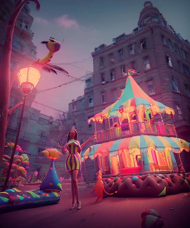 Wes Anderson photographer, Ultra realistic carnival garden night scene, wide angle view :: carnival woman and sweet inflatable monsters, carnival dress style, feather color, free jumping, soft color, highly detailed, unreal engine 5, ray tracing, RTX, lumen lighting, ultra detail, volumetric lighting, 3d, finely drawn, high definition.