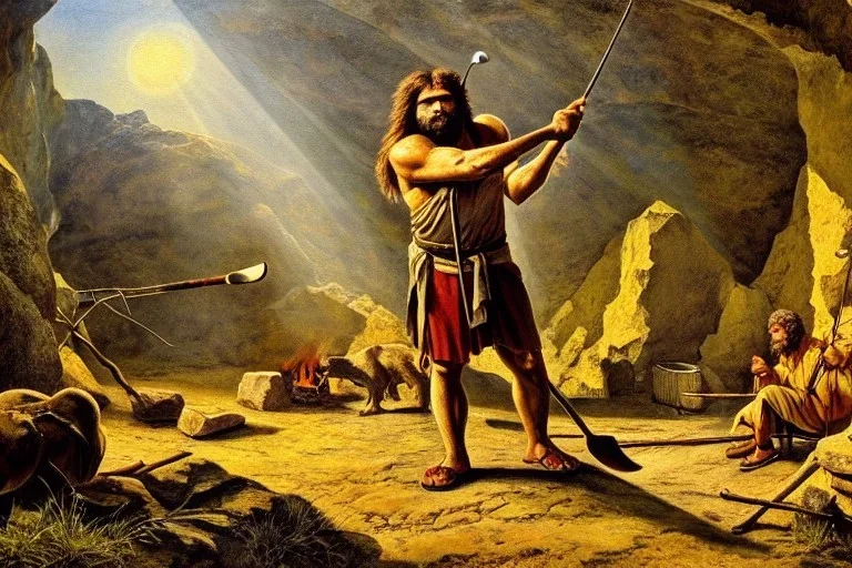 Fine Art, caveman holding a club, cave, cave bear, campfire, stone age, dawn, fine detail, high quality,