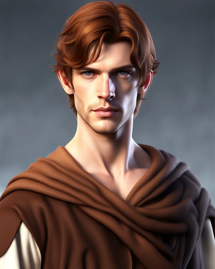 wide fantasy young noble swordman short brown hair photorealistic