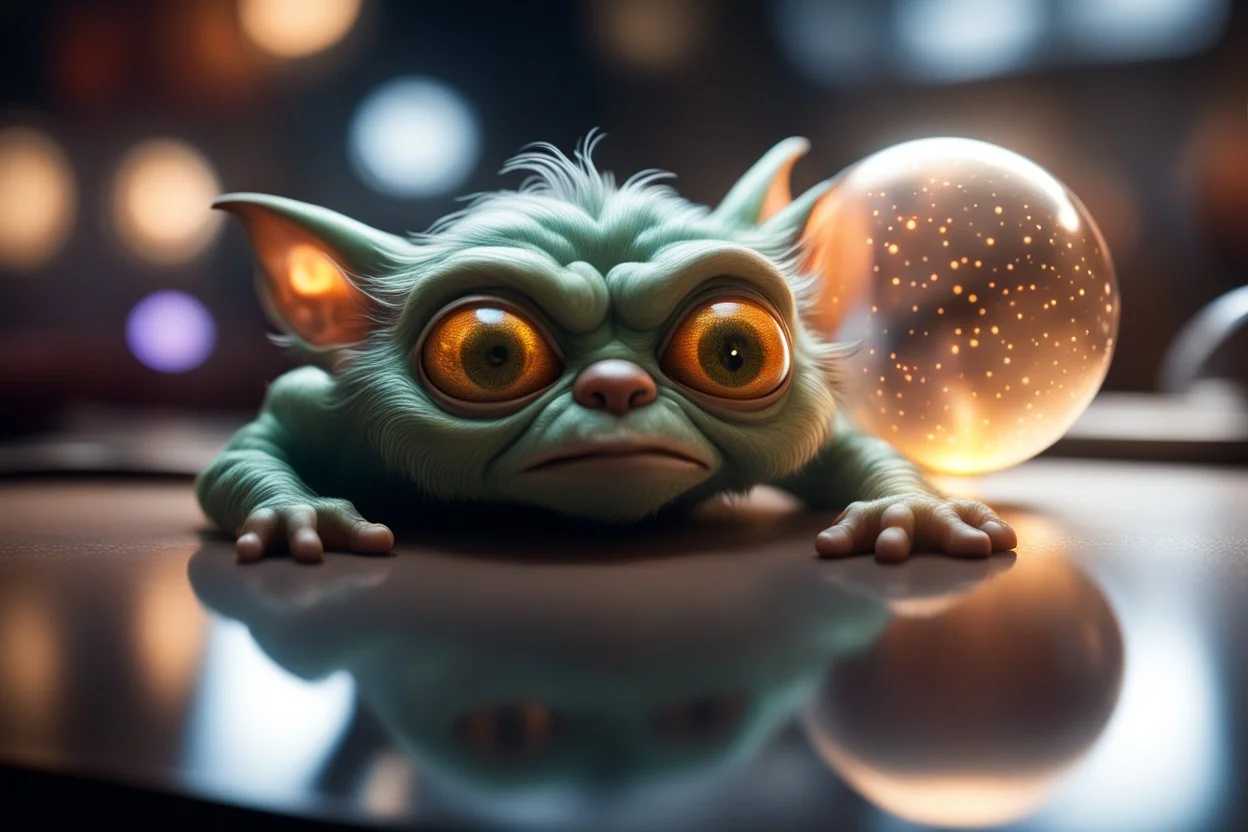 airbrush with pen outline, gremlin sleeping too close to a reflective orb containing plasma in the style of Escher , bokeh like f/0.8, tilt-shift lens 8k, high detail, smooth render, down-light, unreal engine, prize winning