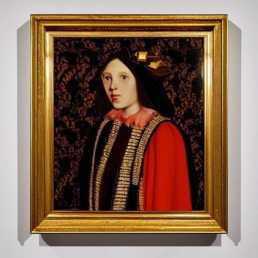  100 % modern conceptual art, hyperrealistic portrait oil and egg tempera on gold leaf and plaster panel, northern Renaissance aesthetic, painting by Fred Wessel and Jan van Eyck, of a beautiful 18 year old woman , front view, centered, 3/4 figure, symmetrical , cinematic side lighting, dramatic up lighting, detailed red rimmed dark eyes with dark circles, cgsociety