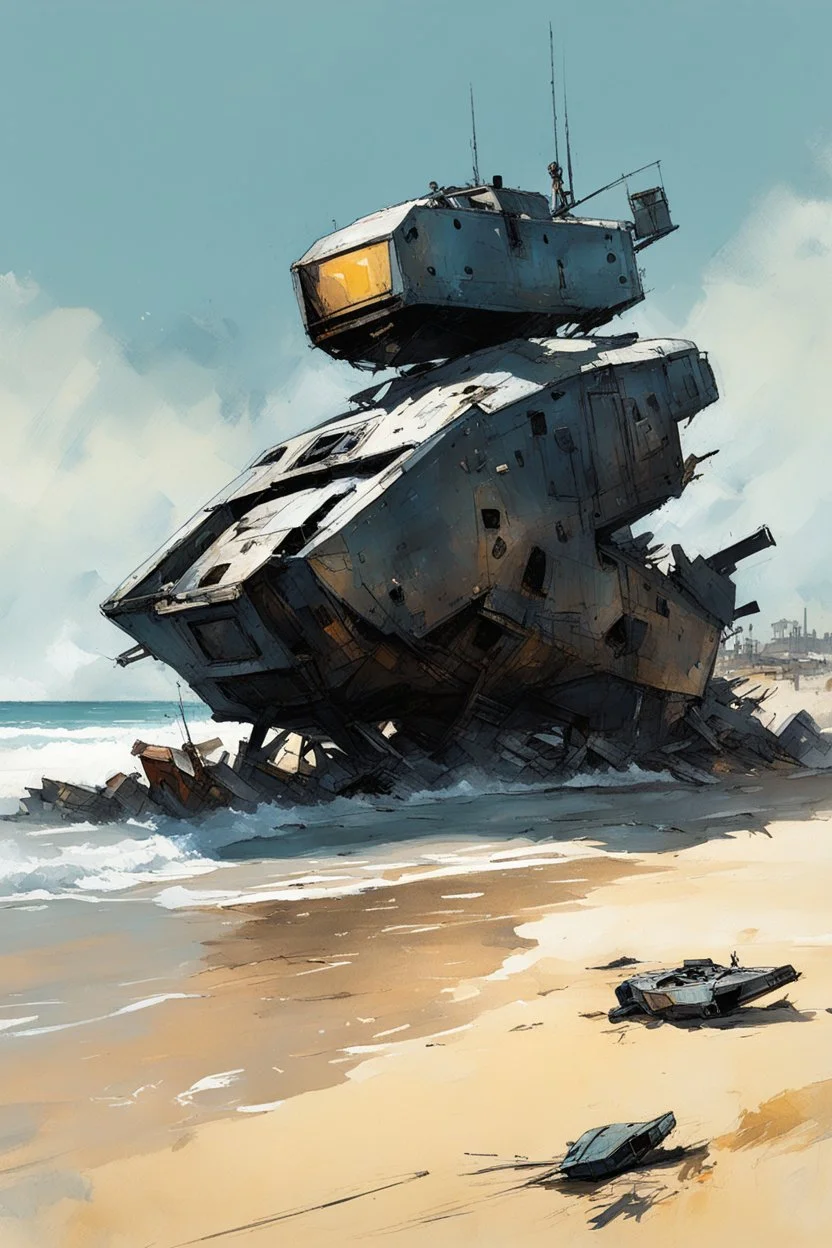 [Alex Maleev] Abandoned war robot wreckage on the beach, kids are approaching it from the beach in a small barque