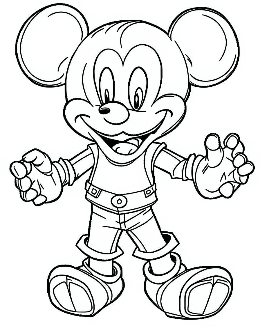 outline art for Mickey Mouse coloring page, Japanese manga style, cartoon style, cute face, white background sketch style, full body is a must, only use outline, clean line art, no shadow, bold outline