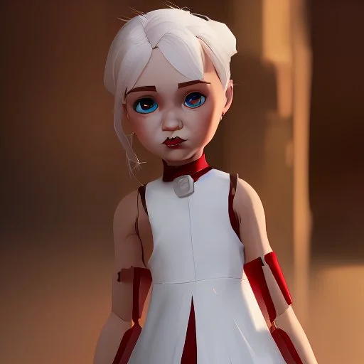 A girl's doll wearing a white dress with red blood bleeding from the back