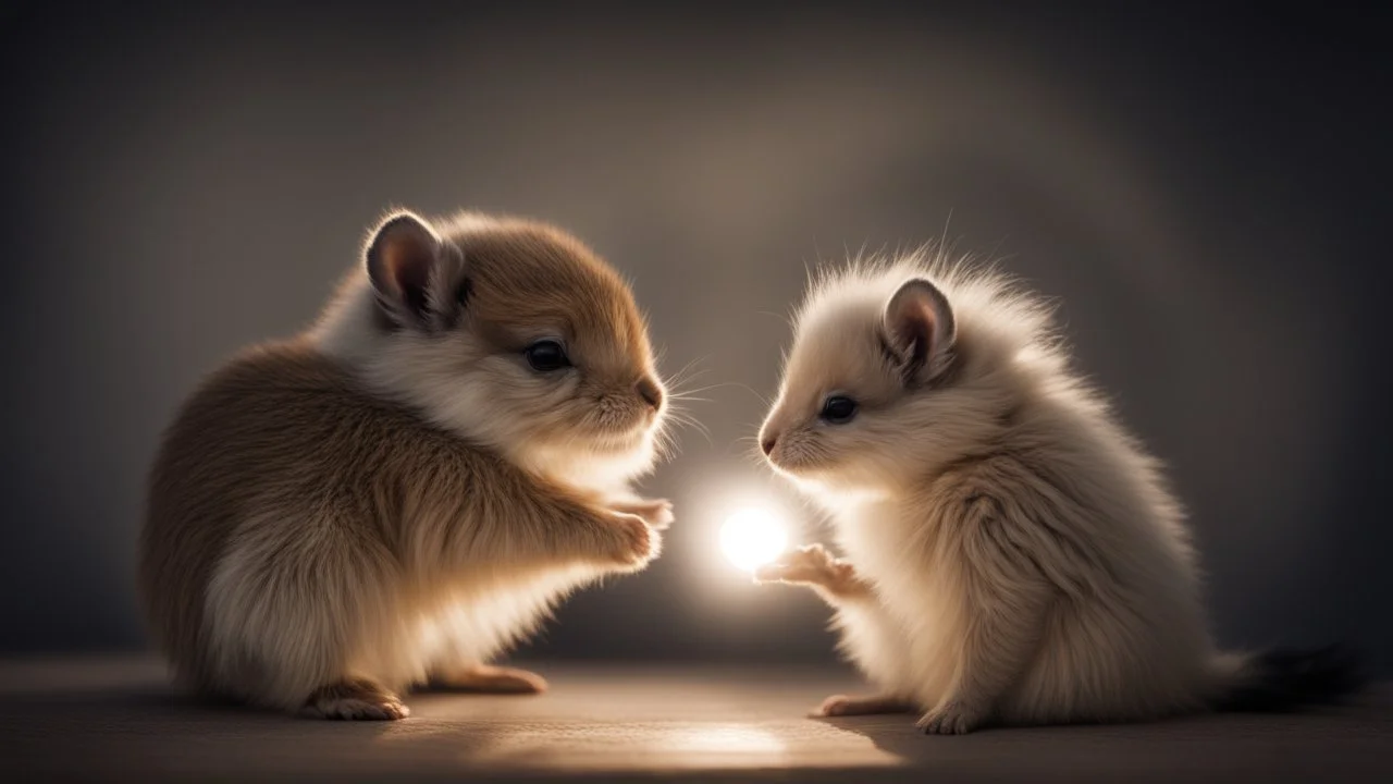 romantic photograph of two small furless animals in a loving relationship, halo lighting, chiaroscuro, beautiful photo