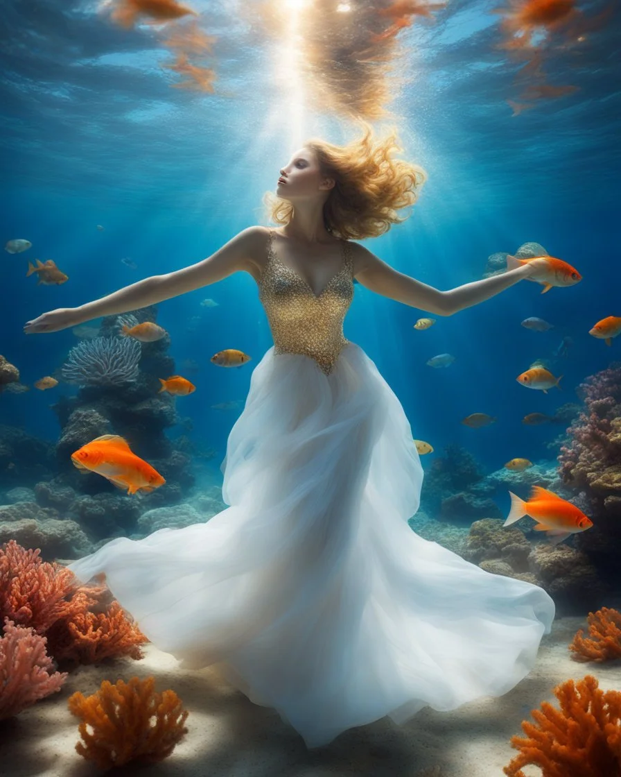 ocean jewel, a subaquatic dream, very beautiful, underwater elegance, a dancing young woman, face to the camera, gorgeous, transparent white dress, colorful fish swimming around, corals, golden threats, sun rays penetrating through the water