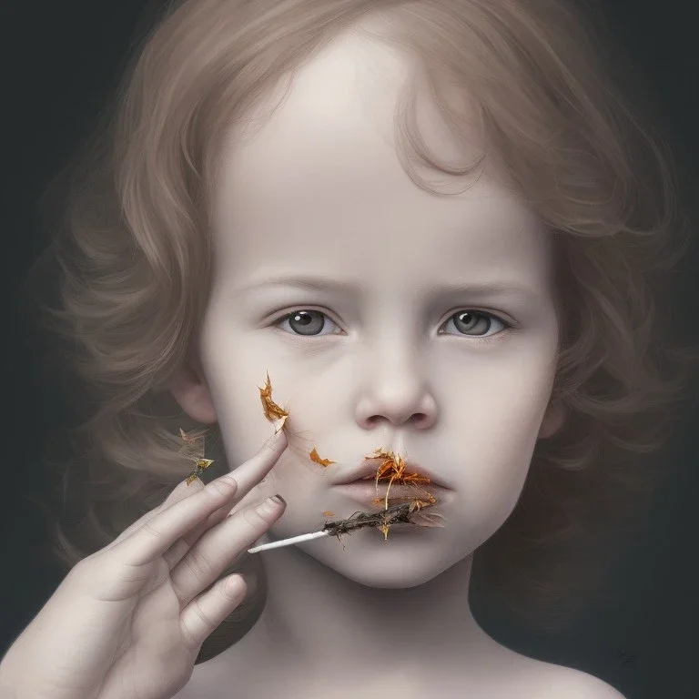 Portrait of a beautiful but angry child smoking a leaf cigarette, the body parts of the child are accurate and clear, the fingers of the hand are intact.