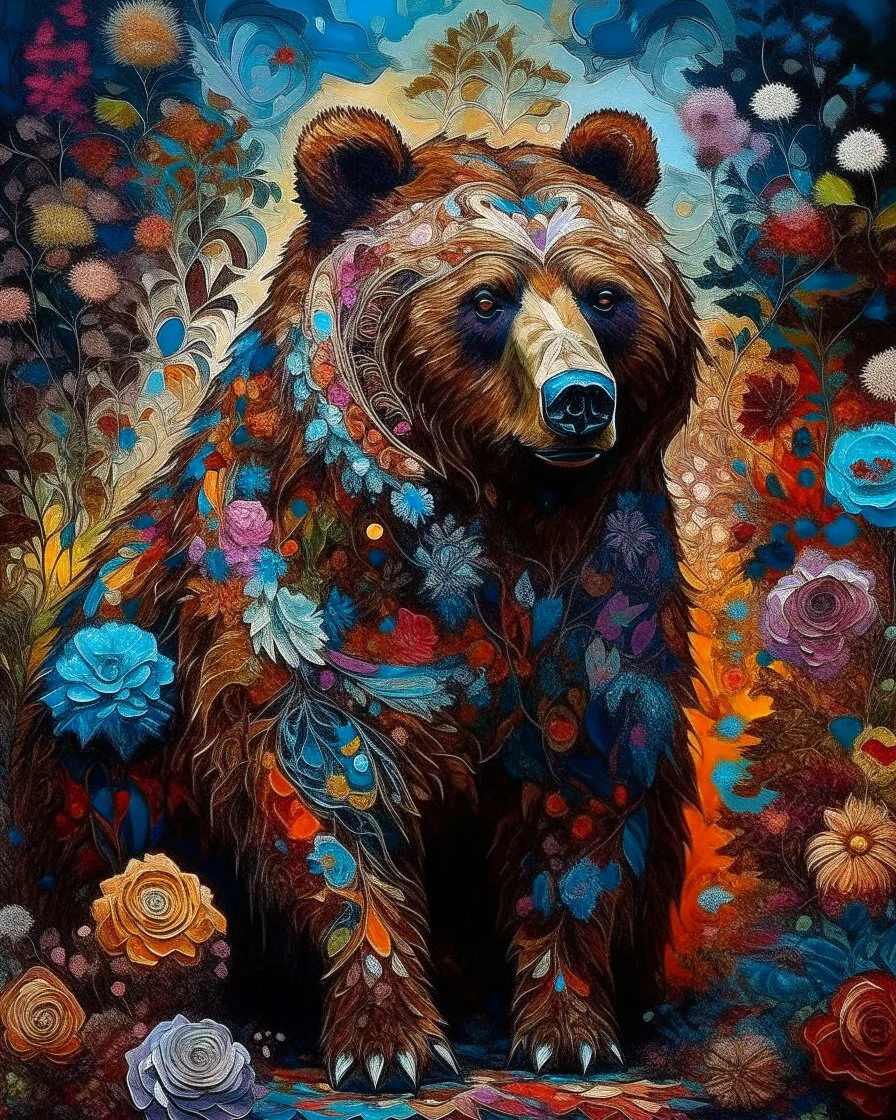 Captivating, vibrant painting of majestic bear, adorned with intricate motifs mixed with its fur. The coat is a fascinating combination of dark and light tones, with swirling patterns and lush floral motifs. Expressive eyes reveal the depth of your character and soul. Lush and green environment, surrounded by plants and flowers. The colors are a harmonious mix of earthy tones, with touches of orange, blue and white, creating a deep connection with nature