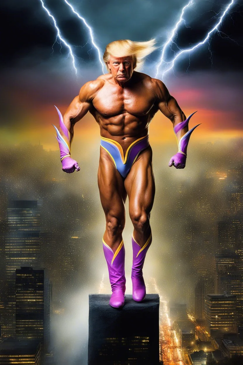 Extremely Muscular, Donald Trump as 'Maga Man,' the greatest superhero in history, Extremely Muscular, overly exaggerated muscles, Skintight, formfitting bodysuit, cape, boots, Multicolored vortex, multicolored lightning, neon lit futuristic cityscape, mist, fog, speed, extremely overexaggerated musculature, "MAGA MAN"