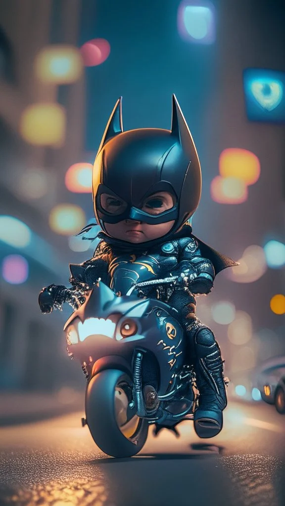 A happy Kawaii tiny hyper realistic baby batman riding mini ducati panigale, wearing bikers batman clothes with shooting action, night of cyberpunk city background. wide angle full body, 8k, Cinematography, photorealistic,epic composition Unreal Engine,Cinematic, Color Grading, Portrait Photography,Ultra-Wide Angle, Depth of Field, hyper detailed