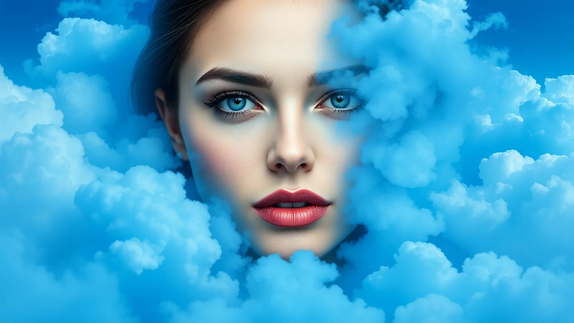 Podrias generar una imagen de una mujer maquillada rodeada de nubes de color azu mediterraneo que sea magica y mistica como esa que tienes de fondo pero en color azul, sin ningun tipo de letra