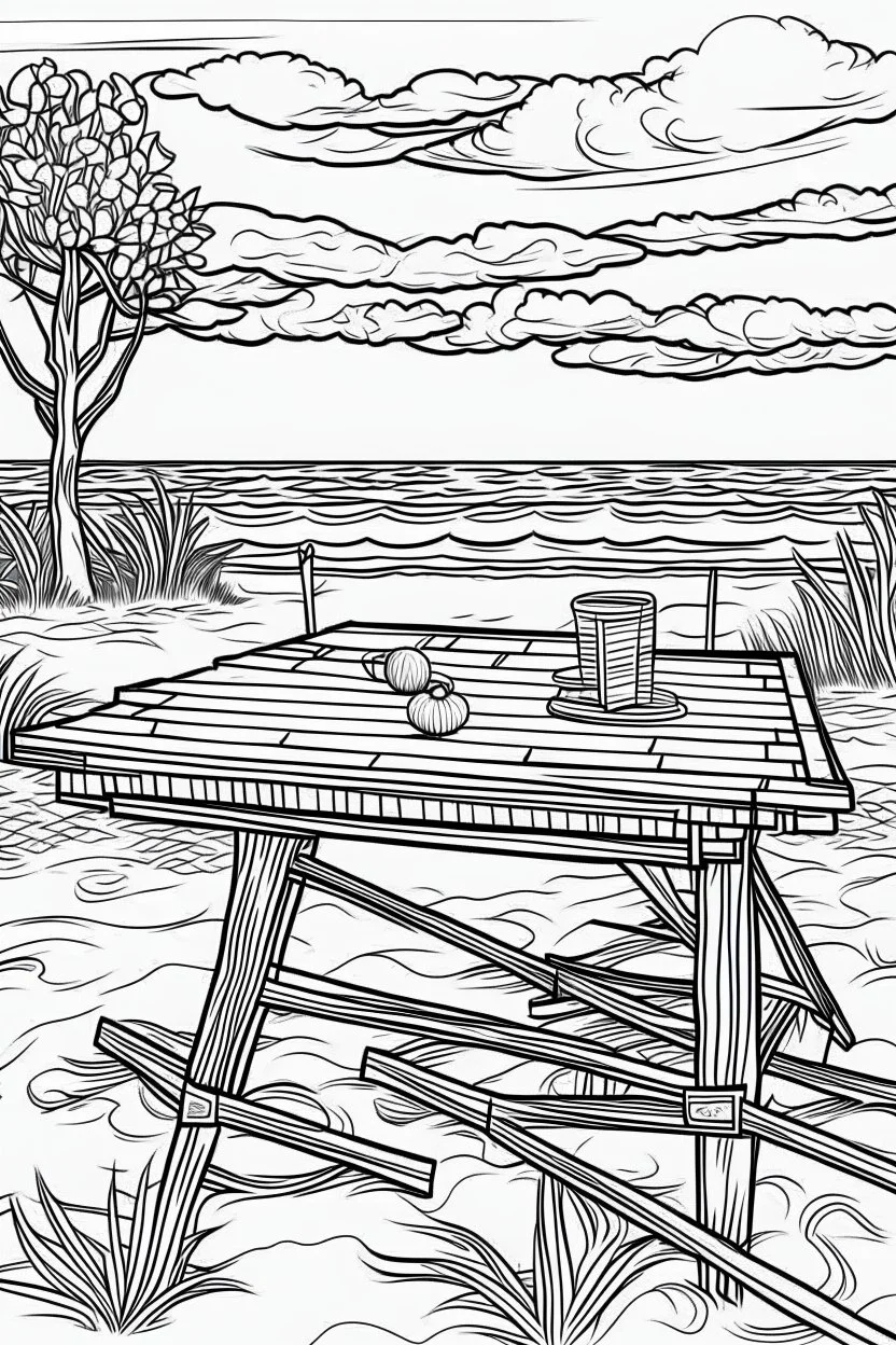 Outline art for coloring page, PICNIC TABLE ON A HAWAII BEACH WITH BEACH TOWELS ON THE TABLE, coloring page, white background, Sketch style, only use outline, clean line art, white background, no shadows, no shading, no color, clear
