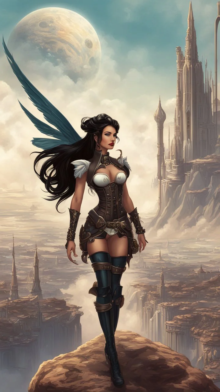 exotic sci-fi steampunk pin-up girl, with long dark hair and wings, on an alien planet with cloud trees, tall spires, buildings, bridges, arches