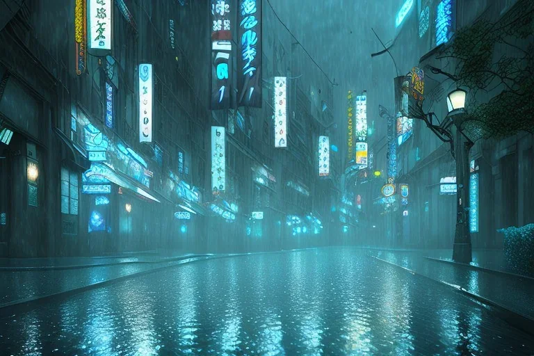 Cinematic, atmospheric, night, Tokyo, dark, rain, high level of detail, high definition, blue neon, blender 3d