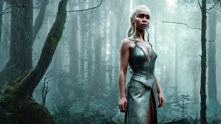 whole body image of beautiful Daenerys Targaryen in a mystical enchanted forest standing next to a dragon, HD 8K, sharp detail, hyperrealistic photo accurate face and features, cinematic lighting