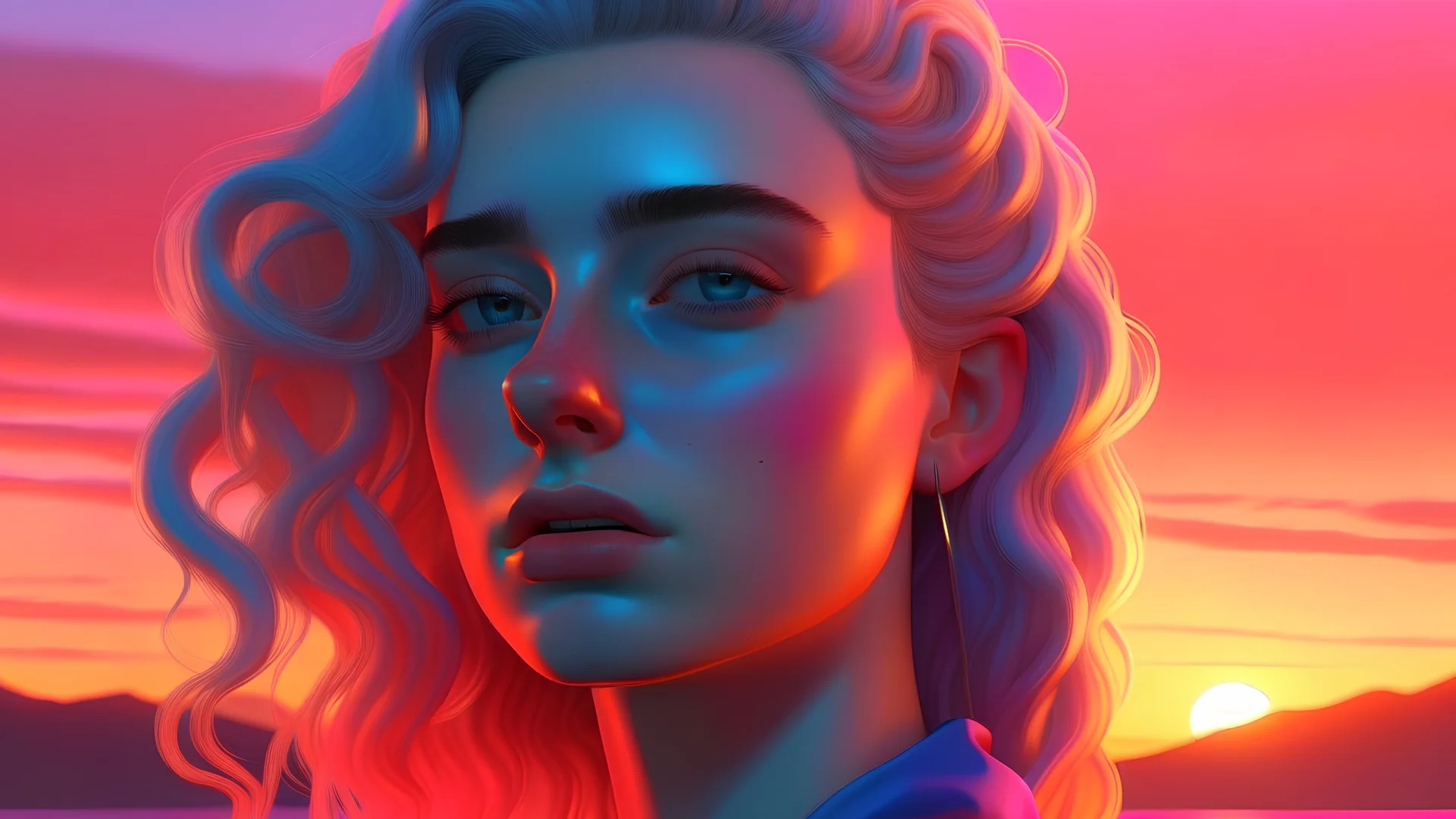 HYPER REALISTIC VAPORWAVE POSTER WOMAN SUNSET unreal engine fine hair