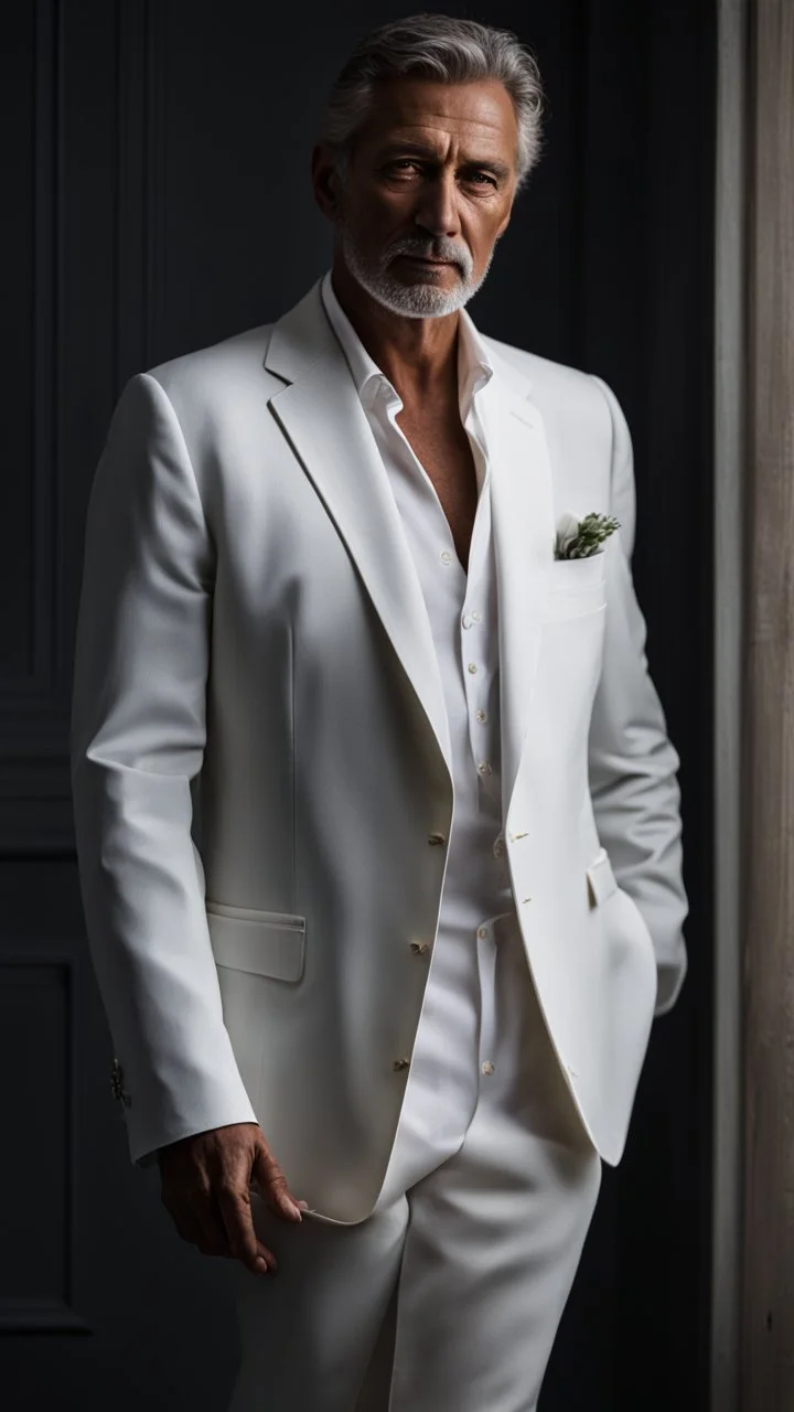 Portrait of a handsome older italian gentleman wearing crisp white linen suit, and an open necked shirt. His dark hair is peppered with grey, his neatly trimmed beard is dark and peppered with grey