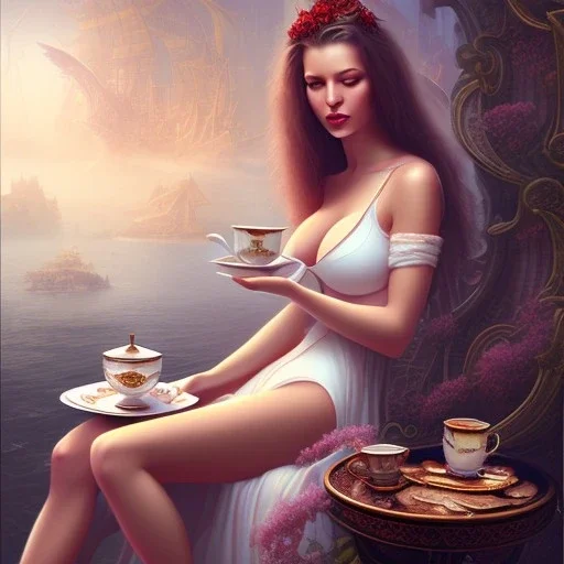 fantasy art, book cover, sexy woman enjoying tea by the mirror