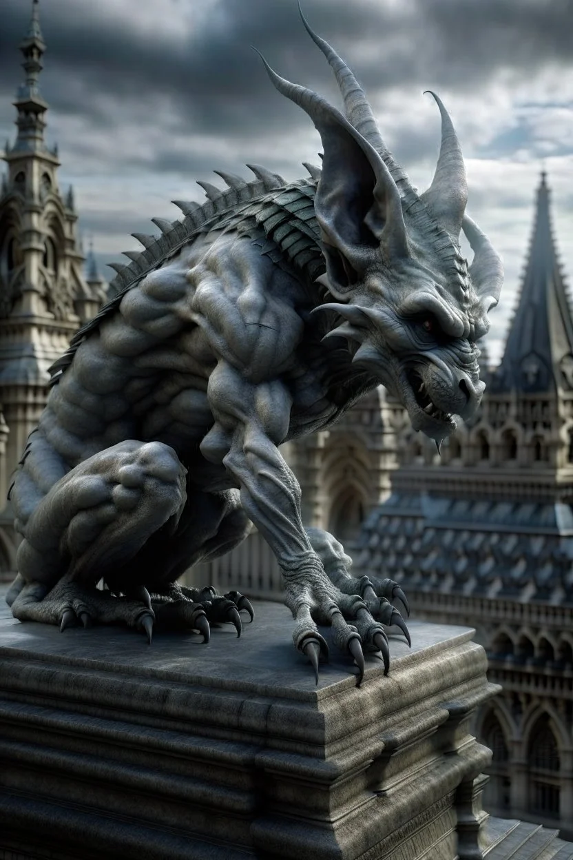captivating and highly detailed fantasy, gothic illustration featuring a grayish Gargoyle with curly bluish hair crouching above the city, leaning forward to observe the people below. Style of artist Anne Stokes, Gothic, Dark Fantasy, photo, 3d rendering, cinematic