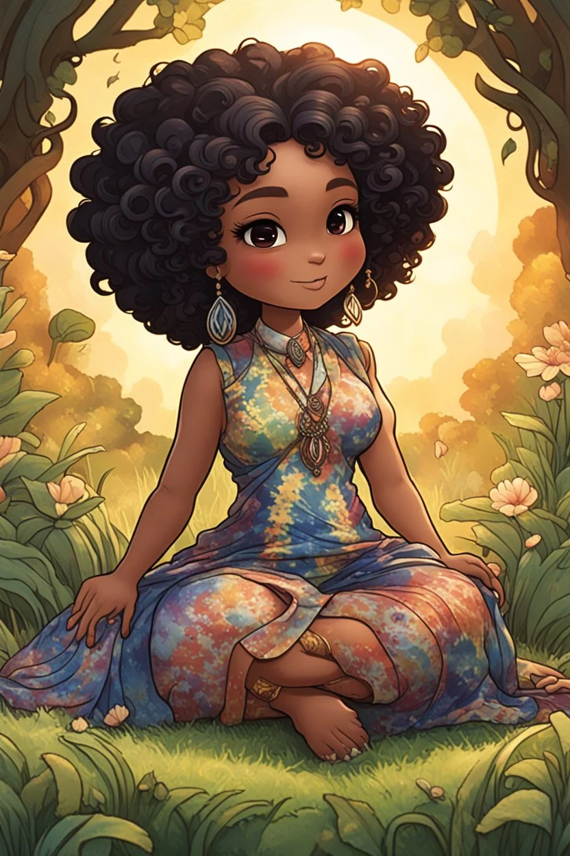 An art nouveau image of a chibi native american cartoon of a curvaceous woman with flowing of tight curly afro of black hair that's highly detailed, wearing a tie dye maxi dress. She sits relaxed on the grass facing the warm sunlight, which illuminates her face as she looks to the side with a small smile, accentuating her prominent makeup and brown eyes. with green and hot pink roses all around