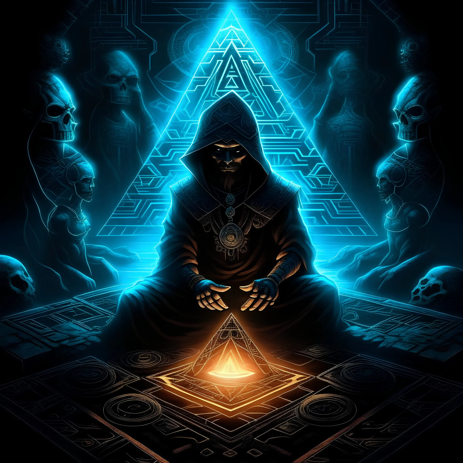 Surreal digital art of a cloaked occult priest etching arcane symbols inside an Aztec pyramid glowing with supernatural energy