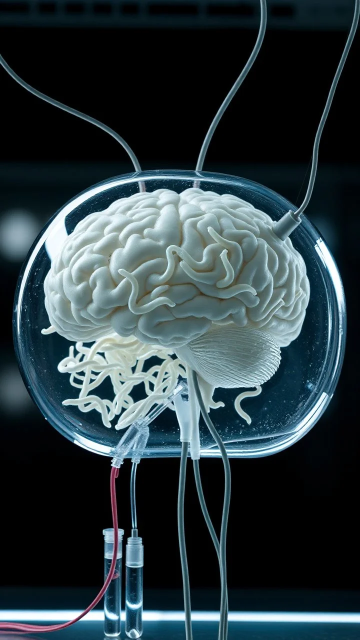 A transparent brain fills with white worms in laboratory tube connected to small tubes and wires to an old man head