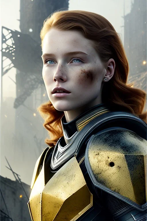 ultrarealistic, ruined city,__sci-fi armor__, __angles__, 18 year old woman, strikingly beautiful, ginger hair, _colour_, [__starlets__|__starlets__], (pale __skincolor__ skin:1.2), __camera__, _hair_, detailed face and eyes, medium breasts, leather choker, freckles, dynamic pose, resolved expression, __accessory__, strappy outfit, (straps:1.1), sword in scabard on left hip, (buckles, buttons, snaps, rings:1.0), haltertop style breastplate, detailed eyes, plump lips, sci-fi theme