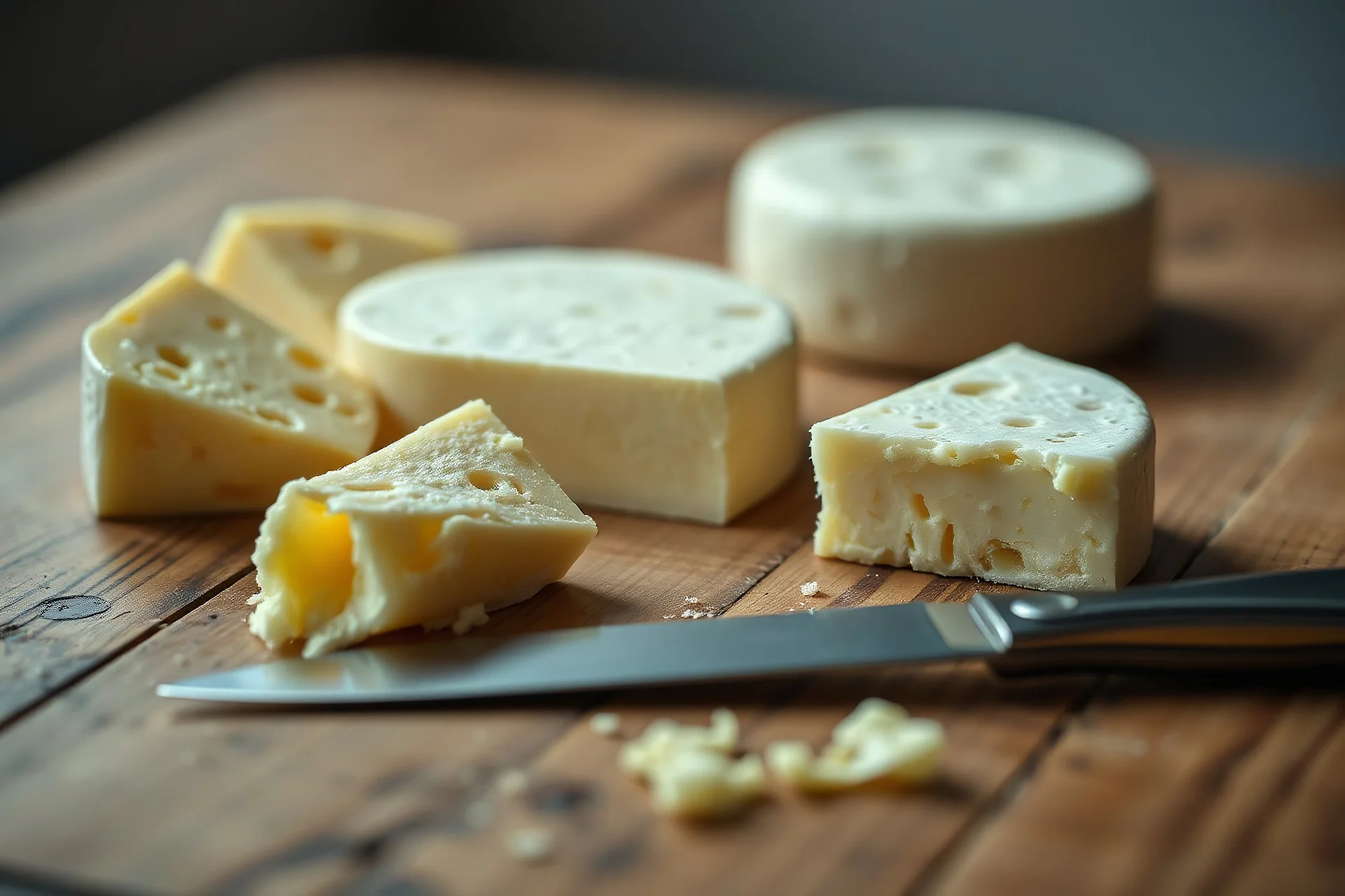 Pieces of delicious cheese and knife on wooden table. Camera settings : Full-frame , 100mm lens, f/1.2 aperture, ISO 100, shutter speed 60 seconds. Soft lighting, Unreal Engine 5, Color Grading, real time Photography, Shot on 70mm lense, DOF, Tilt Blur, Shutter Speed 1/2500, F/13, White Balance, 45k