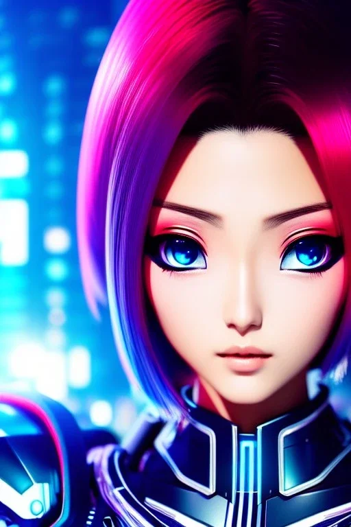Futuristic manga cyborg, portrait from waist up, intricate eyeliner, vibrant eyeshadow, clear completion, soft lighting, 4k resolution, intricate details, insanely detailed, colorful cityscape background, masterpiece, expert, cinematic smooth, retroanime style, realistic details, no helmet, pastel hair color