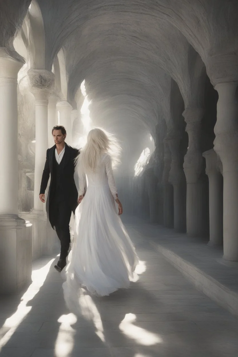 Woman with white hair wearing a white dress, walking down a sunlit stone hall, AND a handsome man in the background lurking in the shadows with long black hair