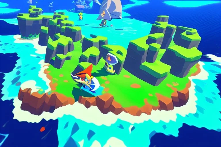 Vast blue oceans, Legend Of Zelda: Wind Waker style, stylized, colorful, adventurous.